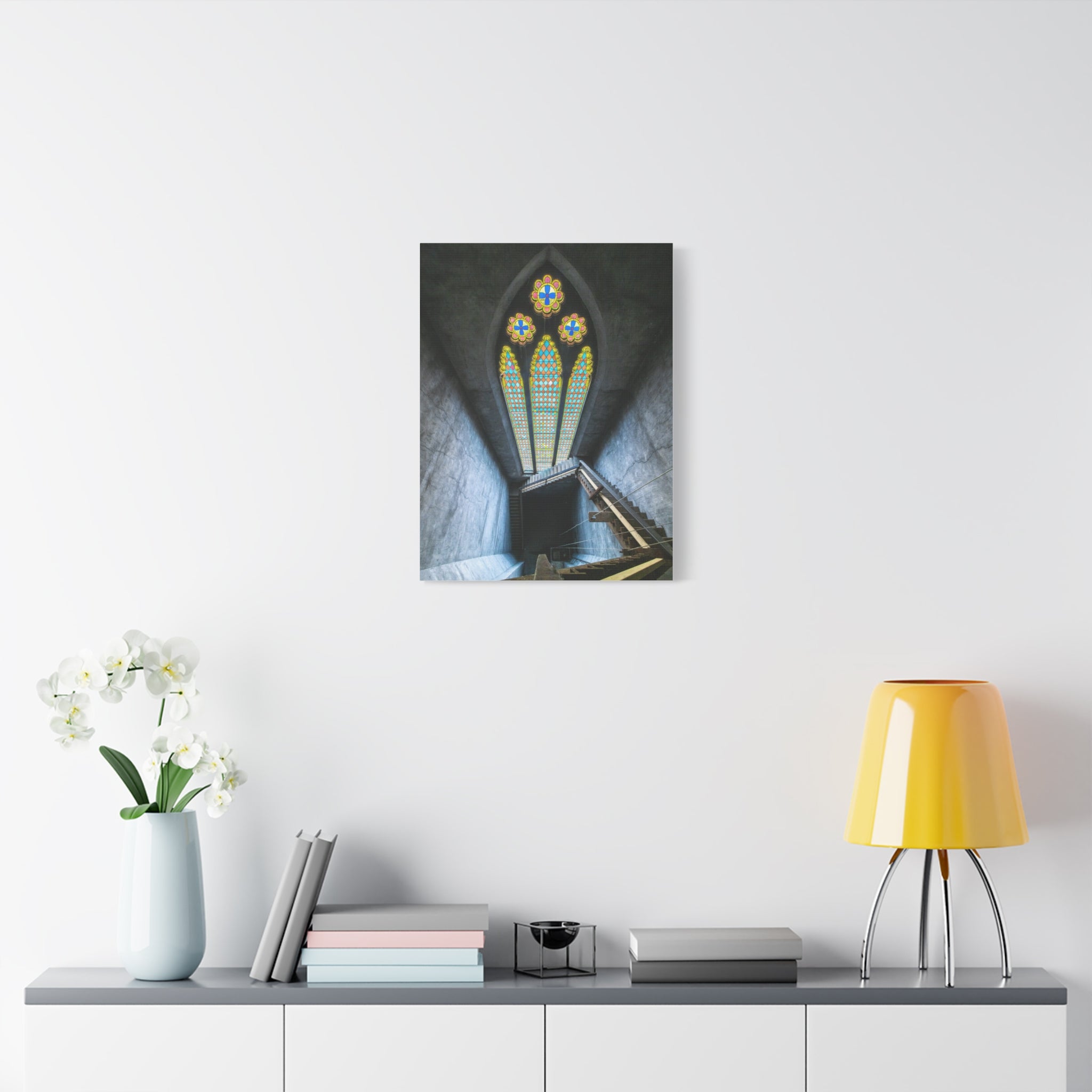 Stained Glass Staircase Matte Canvas Wall Art — Gothic Window Photography