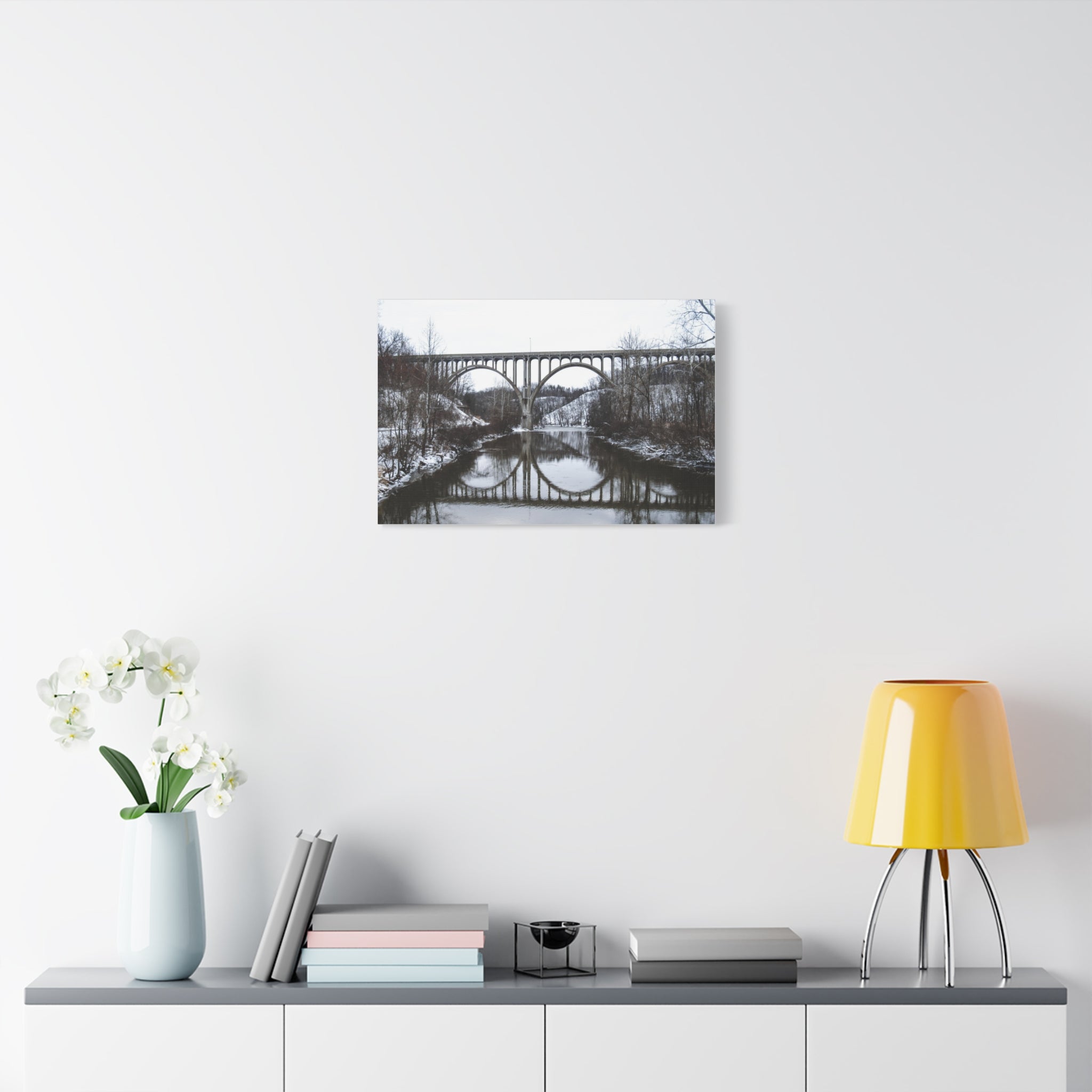 Winter Bridge Reflection Matte Canvas Wall Art (Stretched)