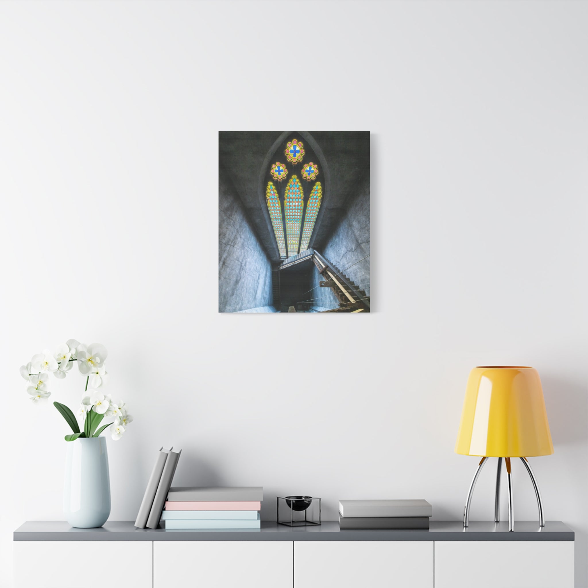 Stained Glass Staircase Matte Canvas Wall Art — Gothic Window Photography