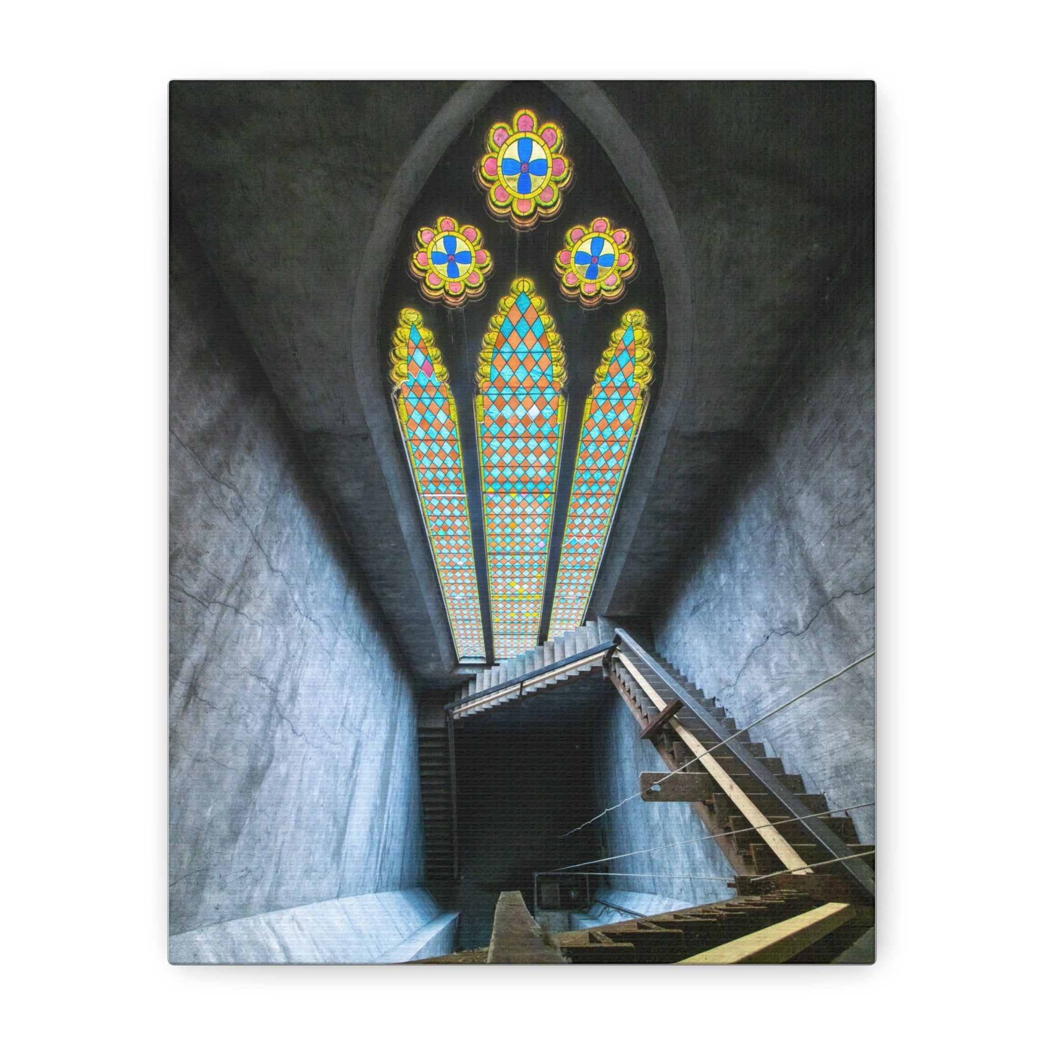 Stained Glass Staircase Matte Canvas Wall Art — Gothic Window Photography